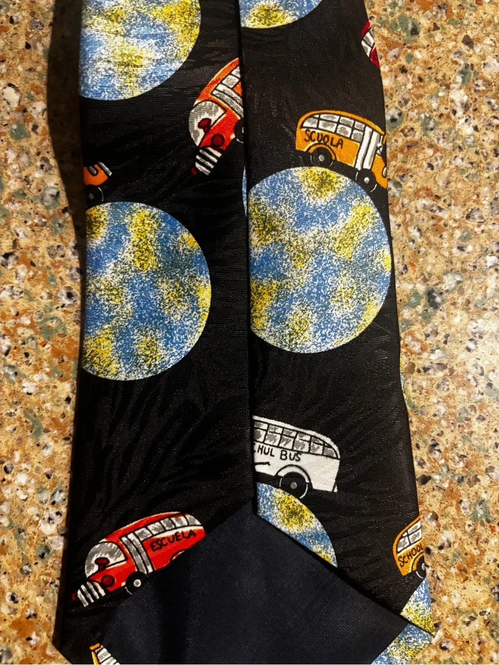 VTG novelty teacher necktie playful school bus and planetary print